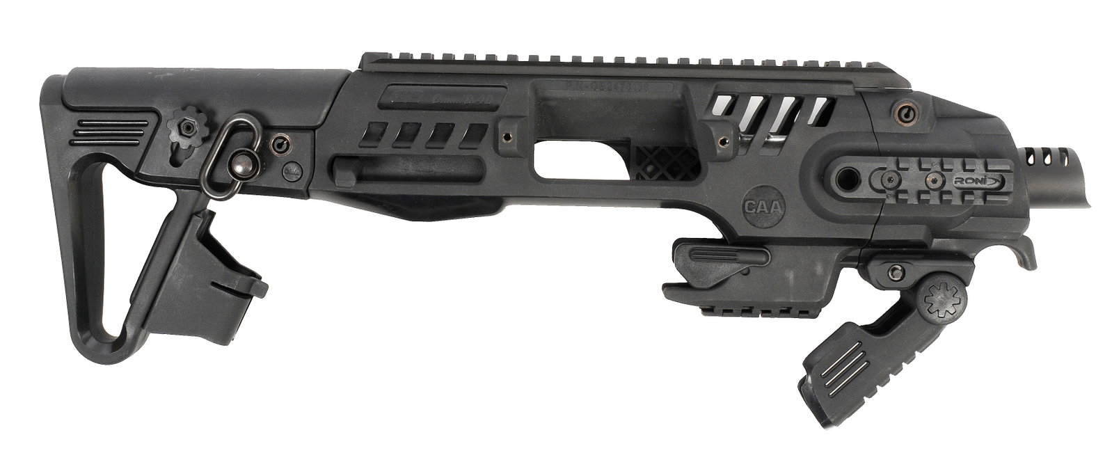 Roni Glock 9MM Chassis (MDA): A Roni Glock 9MM Chassis, this upper assemble requires a Glock to function properly and converts your standard pistol into a handy carbine.