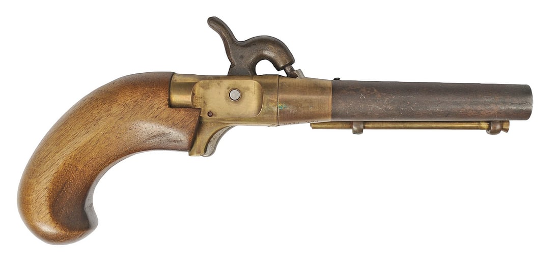 .36 Caliber Replica Percussion Boot Pistol - no FFL needed (J2D1): A .36 Caliber Replica Percussion Boot Pistol that is in very good condition with a slightly dark bore but is defined. The action appears to function properly and the finish shows moderate wear.