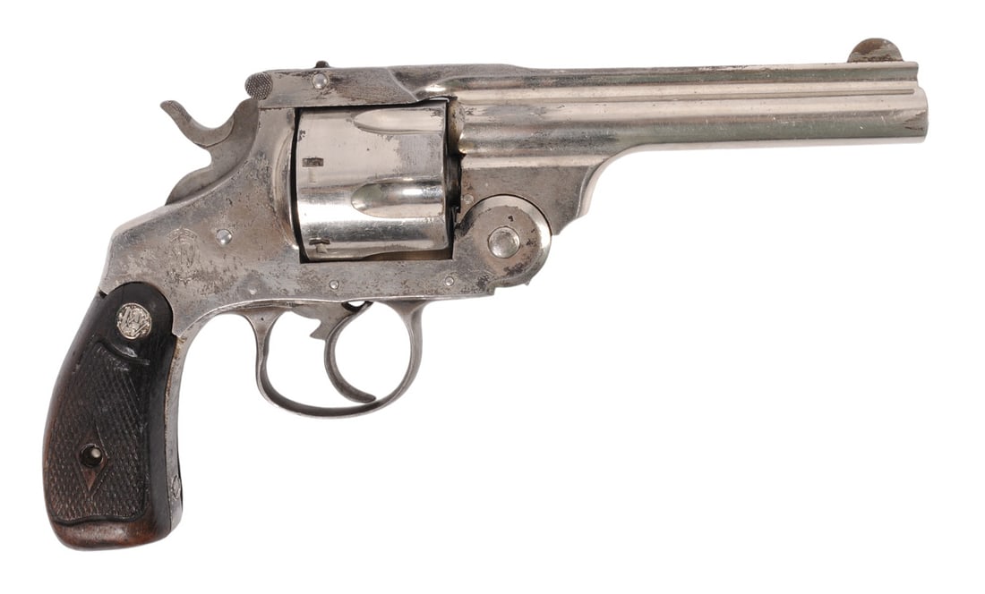 Spanish Copy of a Smith & Wesson .44 Russian Top Break DA Revolver - Antique (HJJ1): This early nickel-plated Spanish Copy of a Smith & Wesson .44 Russian Top Break DA Revolver is in fair overall condition with a mostly bright and defined bore. The action has an issue and cannot funct