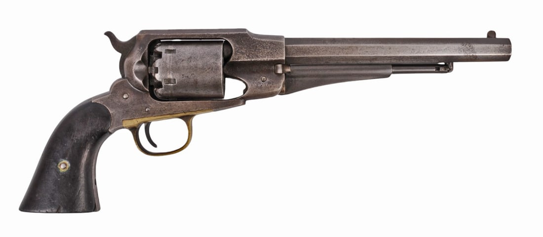 Remington New Model Army 1858 .44 Caliber Percussion Revolver No FFL Required (DHR1): A Remington New Model Army 1858 .44 Caliber Percussion Revolver that is good condition with a dark and slightly defined bore. The action appears to function properly, but there is a minor timing issue
