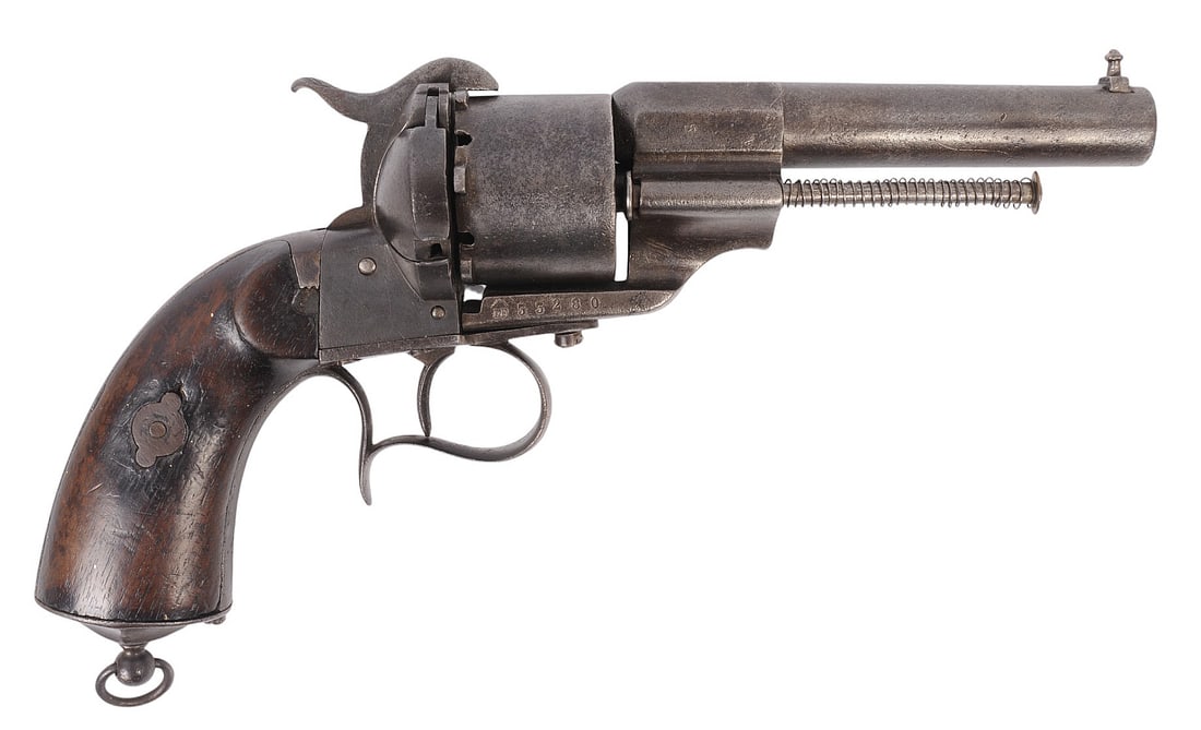 French Lefaucheux M1858 12mm Pinfire Revolver No FFL Required (C4H1): A French Lefaucheux M1858 12mm Pinfire Revolver that is in fair to good condition with a dark but lightly defined bore. The action doesn't function properly and stops cycling on the third and fifth cy