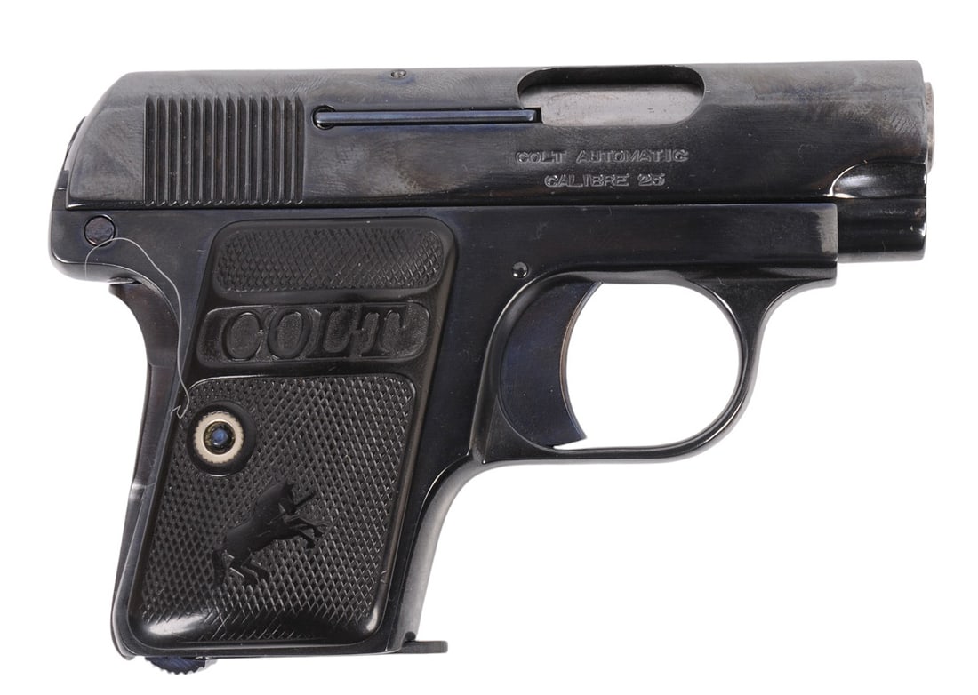 Colt Model 1908 "Vest Pocket" 6.35mm/ .25ACP Semi-Automatic Pistol FFL Required: 148833 (K1S1): This Colt Model 1908 "Vest Pocket" 6.35mm/ .25ACP Semi-Automatic Pistol is in good overall condition. The bore is shiny but is nearing the end of its life as the rifling left is minimal. The action ap