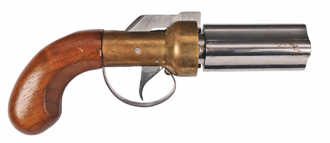 CMG Pepperbox .36 Cal Black Powder Percussion Pistol No FFL Required (B3W1): A CMG Pepperbox .36 Cal Black Powder Percussion Pistol in very good condition with semi-bright smooth bores that desire cleaning. The action appears to function properly with good double action lock u