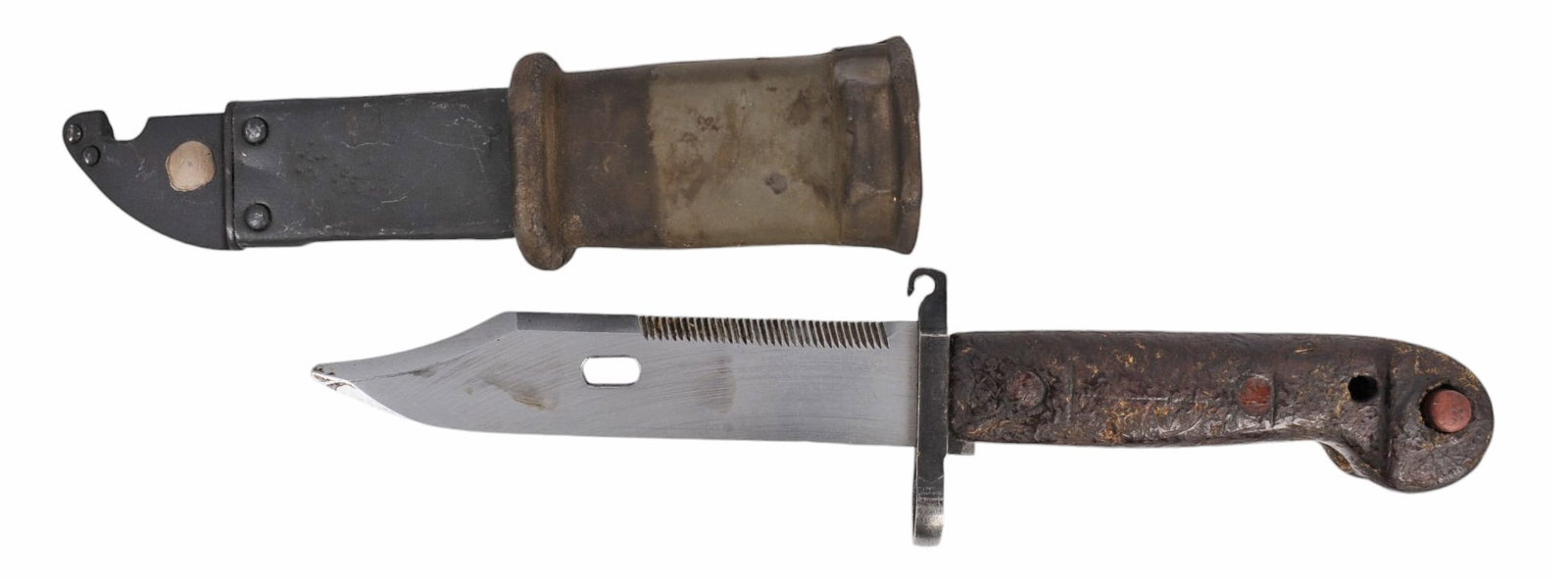 Romanian AKM Bayonet and Scabbard (RAZ): A Romanian AKM Bayonet and Scabbard in good condition with moderate wear and cosmetic blemishing.