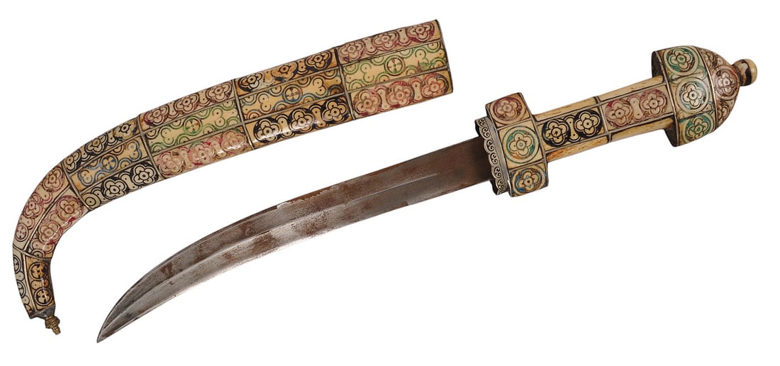 Middle-Eastern Ottoman Bone-Handled Jambiya Dagger (J2B): A high-quality Middle Eastern Ottoman Bone-Handled Jambiya Dagger complete with decorated bone scabbard. It measures 10" long.
