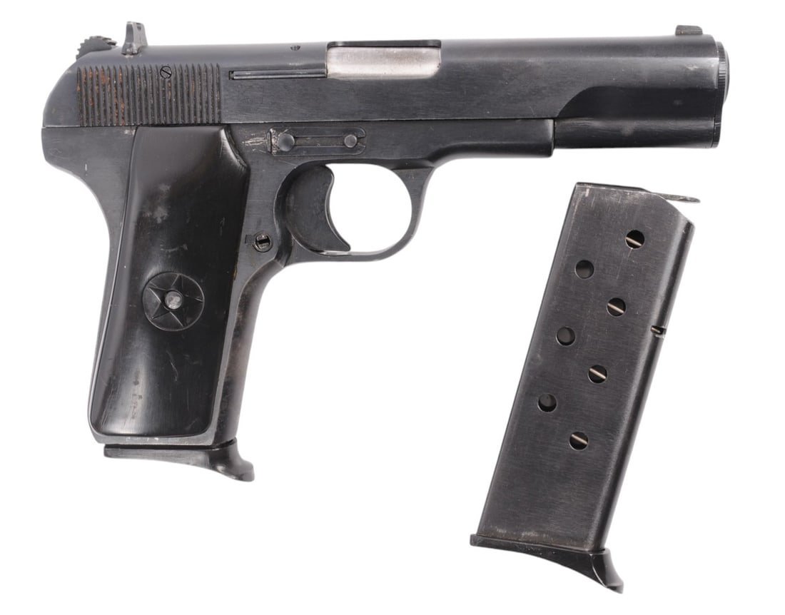 Chinese Model 213 Tokarev 9x19mm Semi-auto Pistol FFL Required: 20067423 (D2A1): A Chinese Model 213 Tokarev 9x19mm Semi-auto Pistol that is in good condition with a bright and defined bore. The action appears to function properly, but the safety is removed and won't function. The