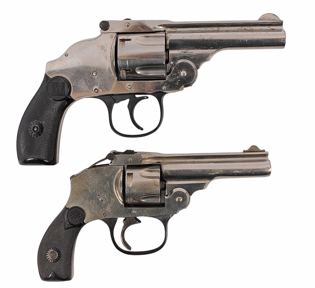 Iver Johnson .38 S&W Revolver and New England Firearms .32 Revolver FFL Required: 151870/9224 (A1): Gun A: An Iver Johnson .38 S&W Revolver that is in good condition with a bright and defined bore. The action appears to function properly, and the finish shows mild usage wear with the left side grips