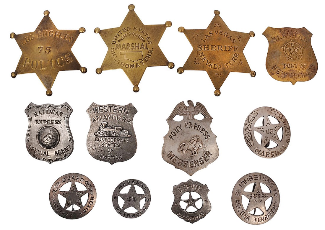 Twelve Vintage Old West Badges (RM): A lot of Twelve Vintage Old West Badges that are in very good condition.