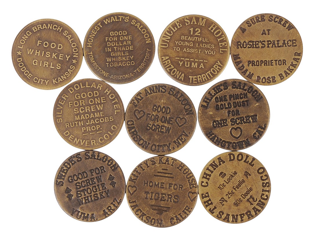 Old West Vintage Brothel Tokens (RM): A group of Ten Old West Brothel Tokens in very good condition.