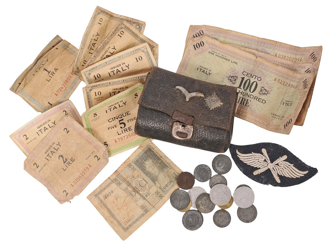 *German WWII Luftwaffe Money Pouch w/money & Luftwaffe Flying Personnel Arm Patch (HKR) (1 of 9)