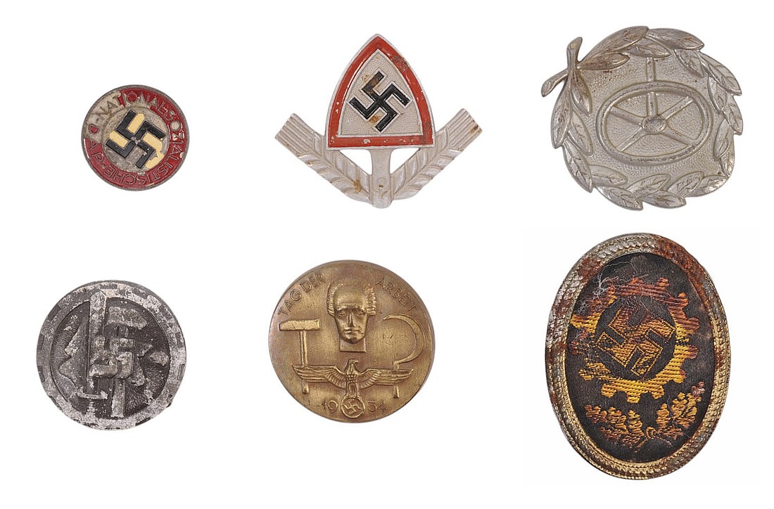 *German WWII era Badges Lot of 6 - 1938 Tinnies & Pins (HKR) (1 of 15)