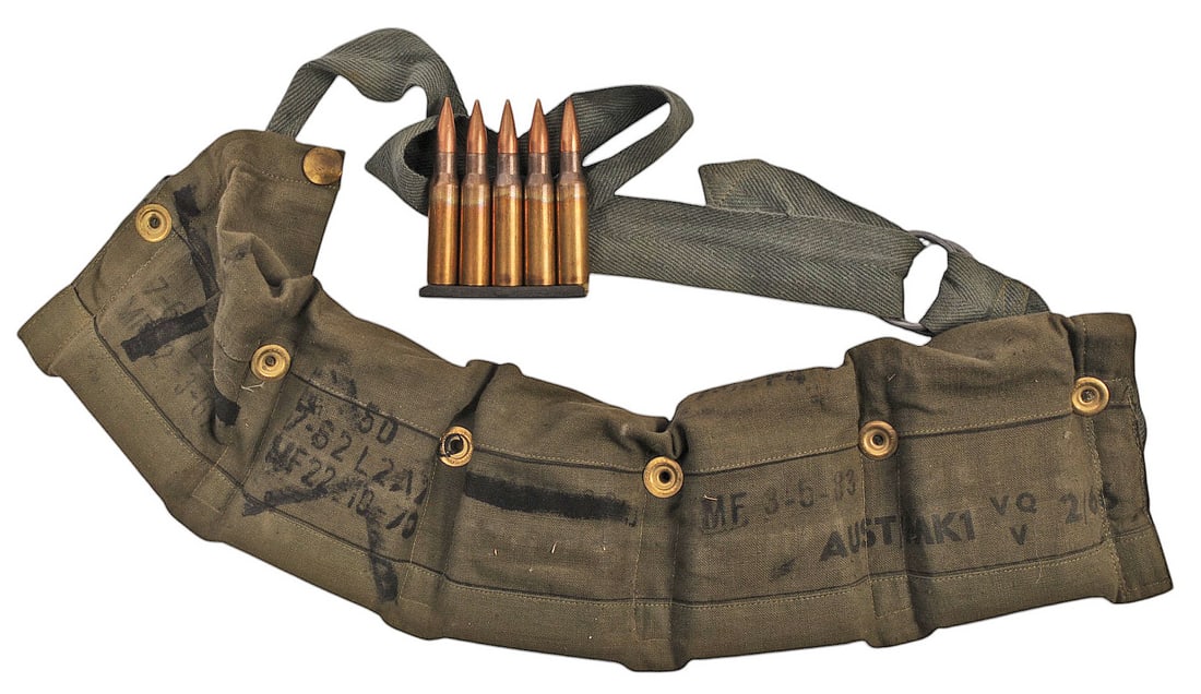 Australian Military 1980s era 7.62x51mm NATO Ammo 50 Rds. in a bandolier (EDN): Australian Military 1980s era 7.62x51mm NATO Ammo 50 Rds. in a bandolier in good condition.