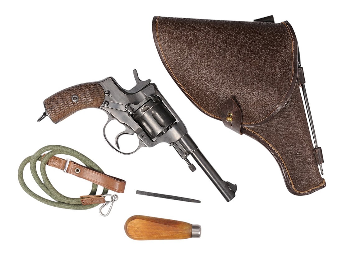 Soviet Military WWII issue M1895 7.62x38Rmm Nagant Gas Seal Revolver - FFL # X873(S4C1): 1944-dated Izhevsk Arsenal Soviet Military WWII issue M1895 7.62x38Rmm Nagant Gas Seal Revolver in good condition with a bright and defined bore. The action appears to function properly with a tight l