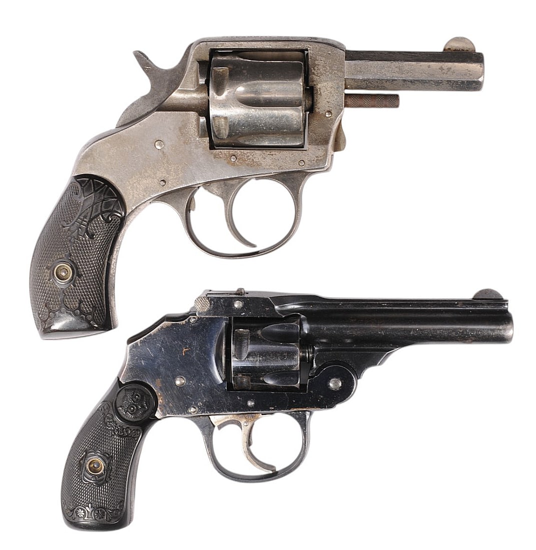 Iver Johnson and Harrington & Richardson Double-Action 32 S&W Revolver Set FFL Req: NSN/56188 (S4C1): An Iver Johnson and Harrington & Richardson Revolver Set in good condition. 1.) Is an Iver Johnson Top Break Double-Action 32. S&W Revolver in good condition with a bright and defined bore. The action