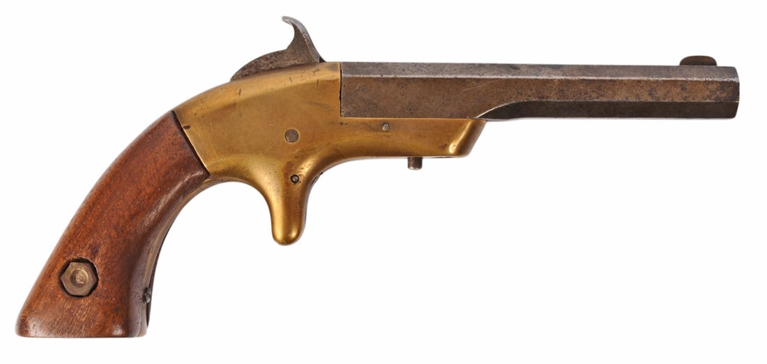 Merwin & Bray antique .32 RF Single-Shot Derringer - no FFL needed (KDC1): This is an original rare Merwin & Bray New York single shot derringer with swing out octagon barrel and brass frame in good condition with a dark bore. The action appears to not function properly and