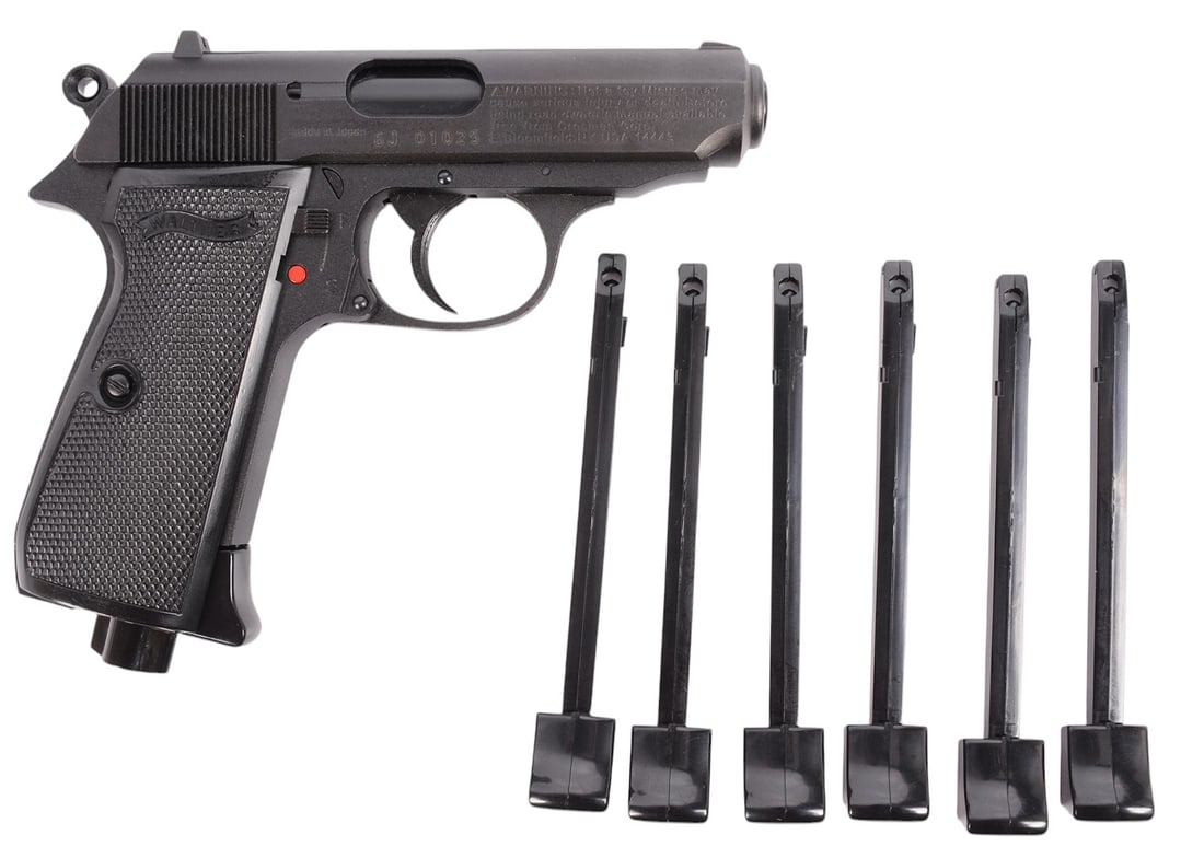 Japanese Walther PPK/S BB Gun Air Pistol - no FFL needed (J2D1): A Japanese Manufactured Walther PPK/S BB Gun Air Pistol with 6 extra magazines in very good condition. The action appears to function properly with minimal cosmetic wear. Comes with case.