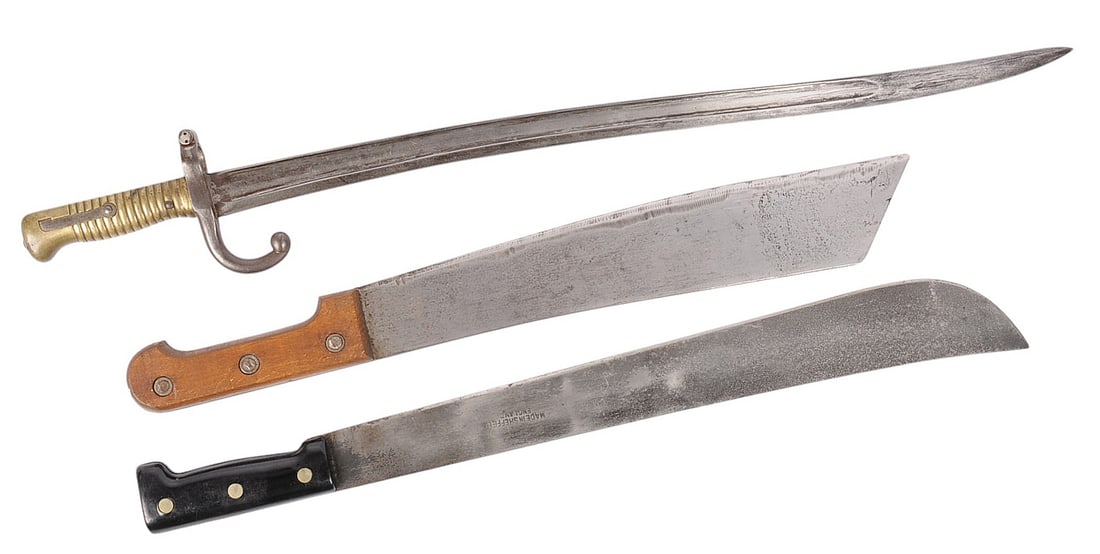 Group Lot French Chassepot Rifle Bayonet / Two British Military WWII era Machetes (CPD): A Group Lot French Chassepot Rifle Bayonet / Two British Military WWII era Machetes in very good condition. The blades on all 3 have minor wear to the blade and handles. Markings are prominent and leg
