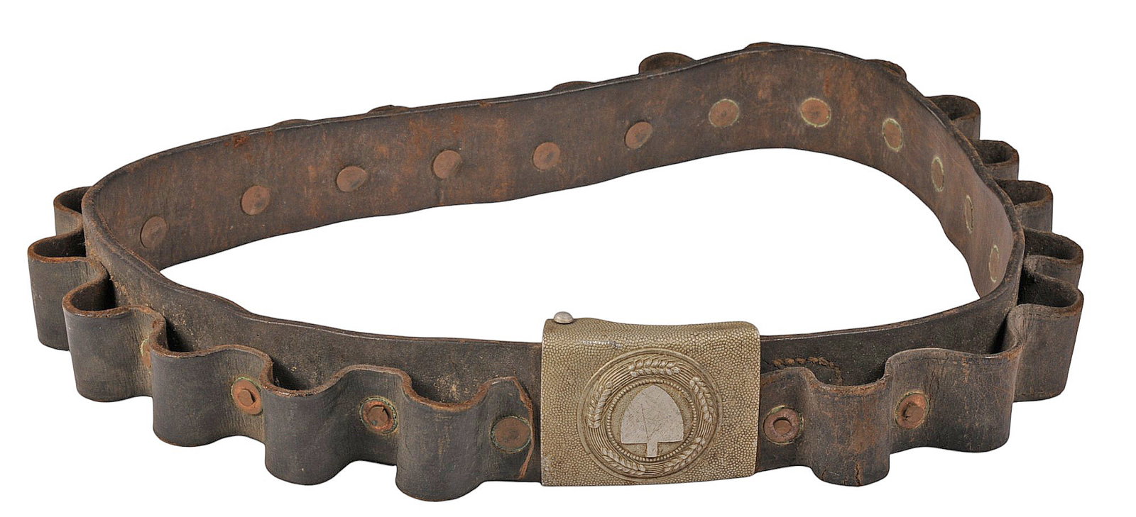 *German World War II RAD Belt & Buckle Made into Hunting Belt (HKR): German World War II RAD Belt & Buckle Made into Hunting Belt. Loops are about 12ga shell size. The buckle swastika was defaced. *Due to Proxibids/Live auctioneers new payment processor, Payrix, having