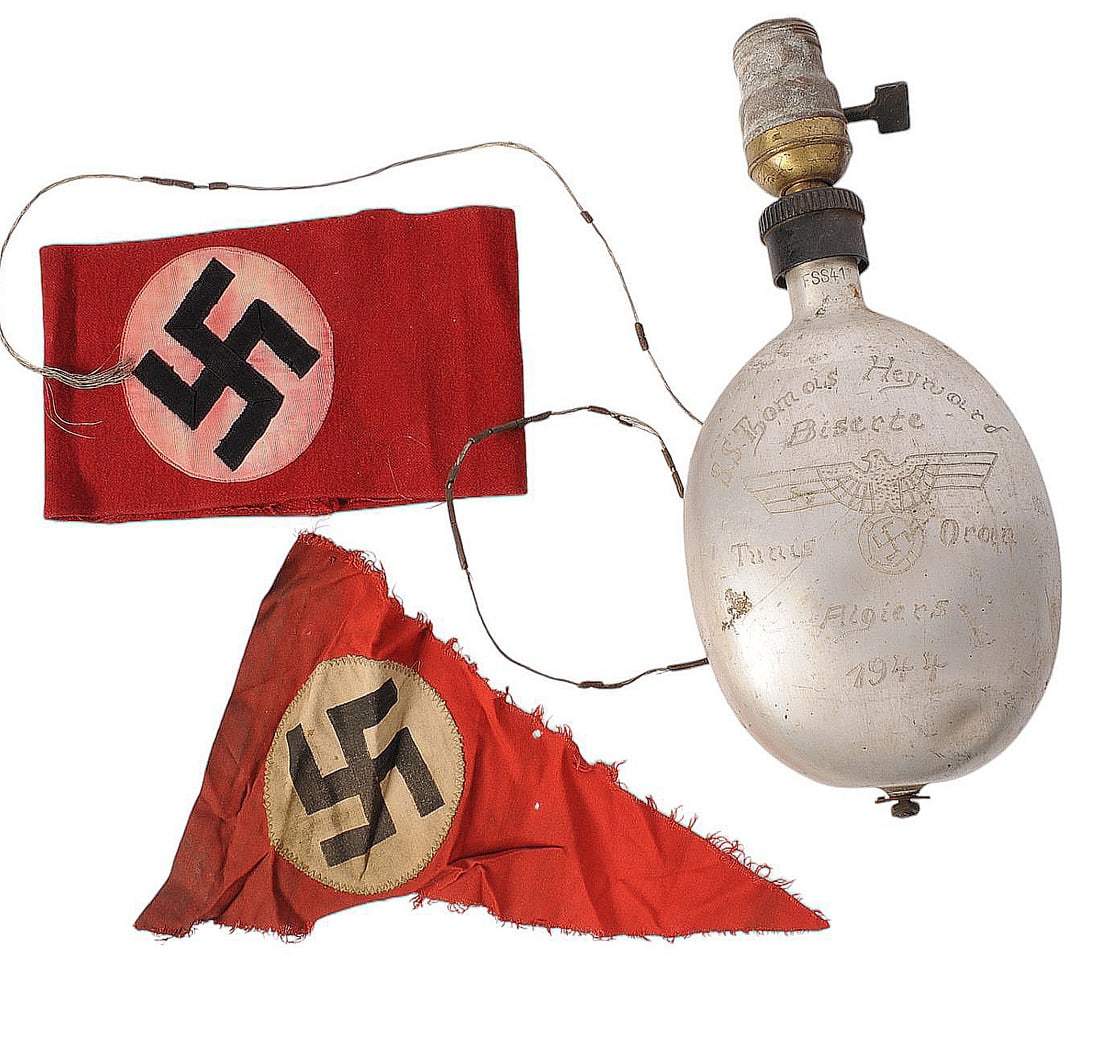 *German Military Personalized WWII Canteen, Nazi Vehicle Pennant & a Nazi Armband Lot (M4M): A nicely German Military Personalized WWII Canteen, Nazi Vehicle Pennant & a Nazi Armband om this group lot. Canteen was made into a lamp, and the pennant and armband are in fair condition with fading