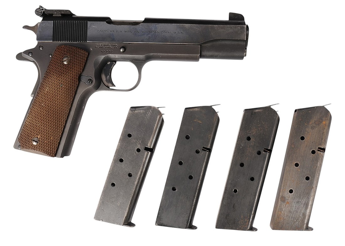 Essex Arms M1911 .45 ACP Semi-auto Pistol FFL Required: 31201 (A3R1): An Essex Arms M1911 .45 ACP Semi-auto Pistol that is in good condition with a bright and defined bore. The action appears to function properly, and the finish shows mild wear with scratches on the fra