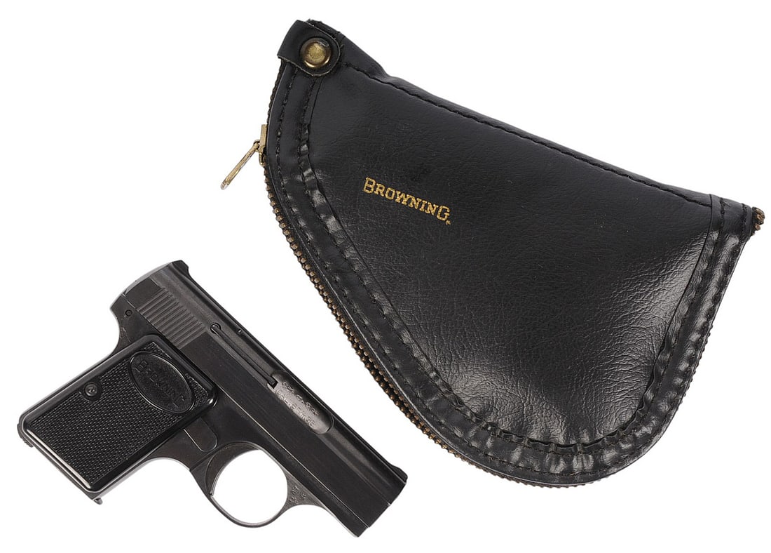 FN Baby Browning .25 ACP Semi-auto Pistol FFL Required: 331831 (W2R1): An FN Baby Browning .25 ACP Semi-auto Pistol that is in very good condition with a bright and defined bore. The action appears to function properly, and the finish shows little to no wear. Comes with 