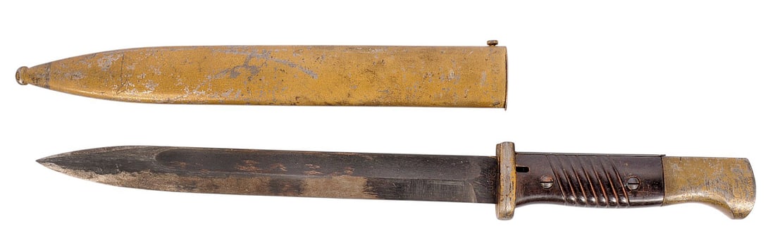 *German Military WWII era Afrika Korps 98k Mauser Rifle Bayonet (CWA): A 1942-dated, tan-painted Afrika Korps German Military WWII era 98k Mauser Rifle Bayonet in good to very good condition possibly tropical issue. The blade and handle have minor wear. The scabbard has 