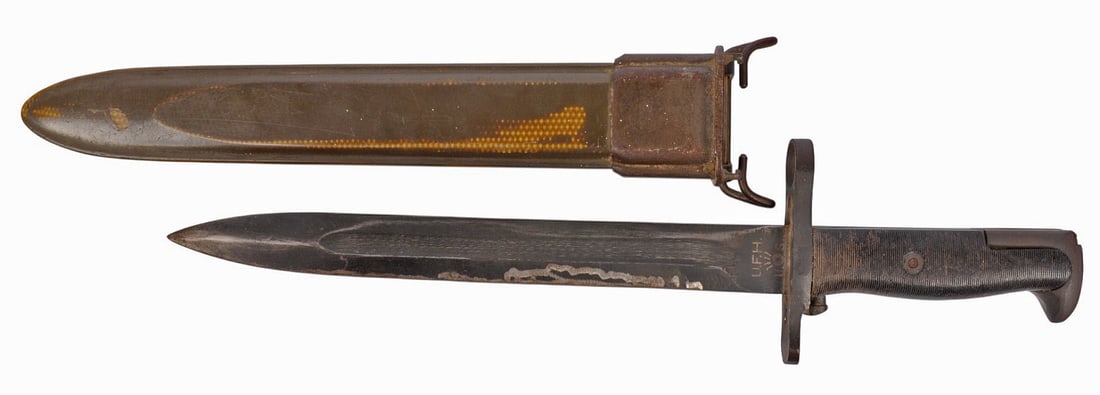 US Military WWII era UFH M1 Garand Rifle Bayonet (G4M): This US Military WWII era UFH M1 Garand Rifle Bayonet is in good to very good condition with some grind marks. Comes with the correct scabbard.