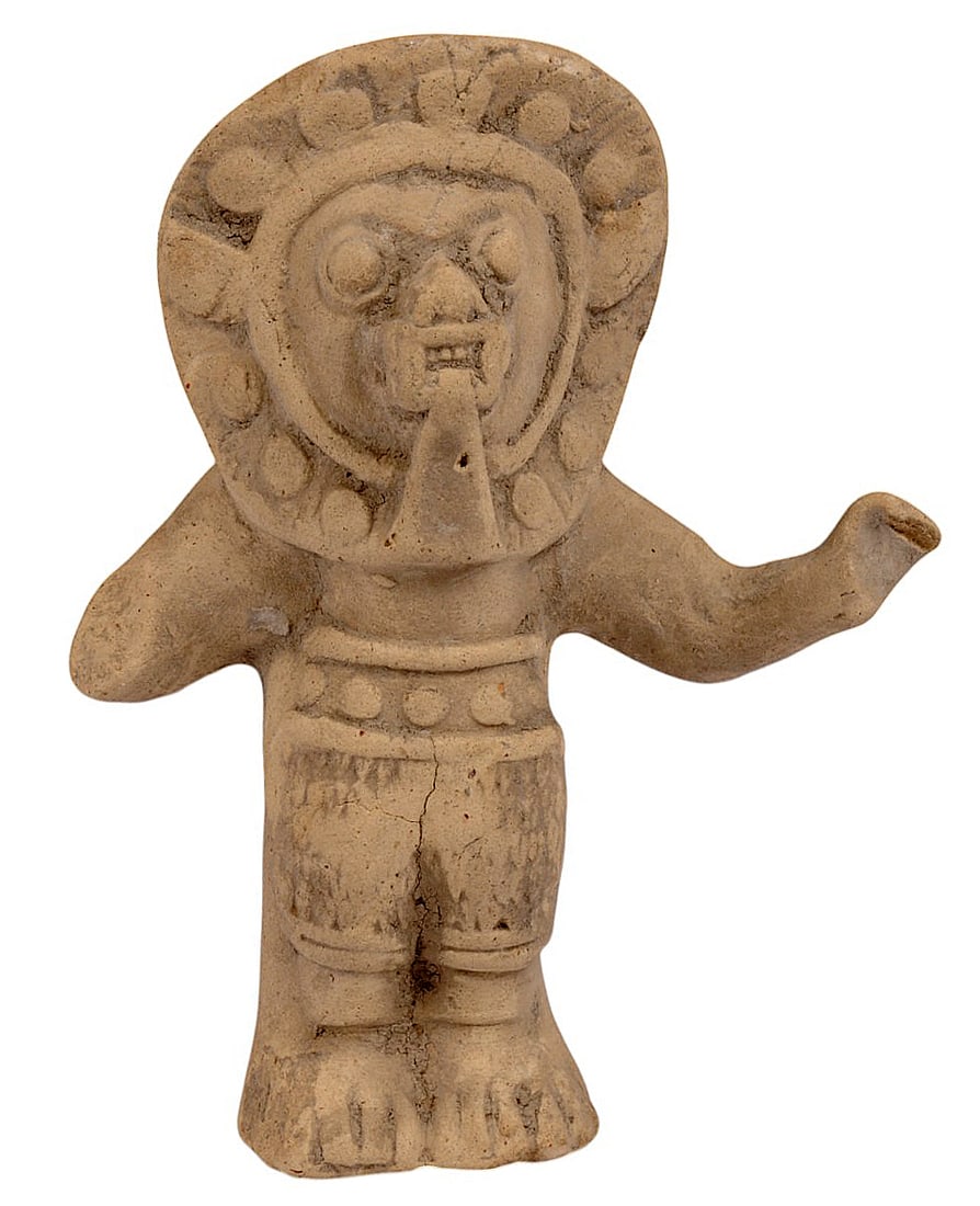 Ancient Ecuadorian Jama Coaque Figurine (a): An Ancient Ecuadorian Jama Coaque Figurine in good to very good condition. The overall structure of the figure is good but appears to have a hair line crack that extends from the abdomen to the ankles