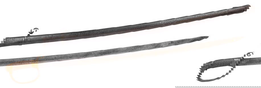 Rare Persian Model 1909 Cossack Shashka Sword (RS): A Rare Persian Model 1909 Cossack Shashka Sword in good to very good condition. The blade has some grey patina with moderate ear from service use. The scabbard has minor denting with moderate wear to