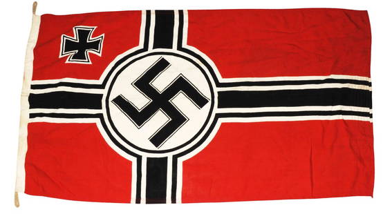 *Germany WWII issue Reich Kriegs Flag (J): An impressive *Germany WWII issue Reich Kriegsmarine Flag in very good condition. Though with some light staining. It measures roughly 32x54. 