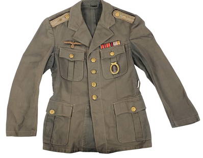 *German Kriegsmarine WWII era HBT Minesweeper Uniform & Decorations (J): A scarce *German Kriegsmarine late-WWII era HBT Minesweeper Uniform in good condition, complete with shoulder boards, breast eagle, ribbon bar and badge. Some light fading.