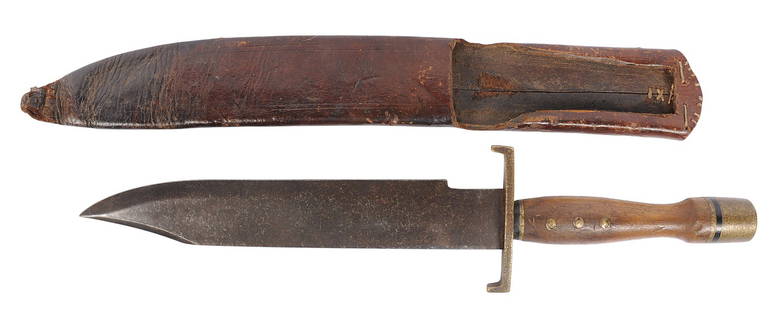 Rare CS 1861 Marked Confederate Civil War era Former D Guard Bowie Knife (APL): A Rare CS 1861 Marked Confederate Civil War era Bowie Knife in good to very good condition. The blade has moderate wear from age but maintains a good edge with the leather scabbard having good structu