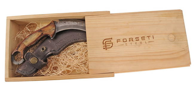Custom Forseti Steel Damascus Karambit Knife with the Original Box(APL): A Custom Forseti Steel Damascus Karambit Knife with the Original Box in good to very good condition. The blade appears to have personalized markings or what appears to possibly be initials. Measures 8