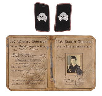 Extremely Rare *German WWII Bring Back SS 116th Panzer Division Collar Boards and ID Book (APL): An Extremely Rare *German WWII Bring Back SS 116th Panzer Division Collar Boards and Identification Book in very good condition. This scarce set according to the consigner supposedly had been sold thr