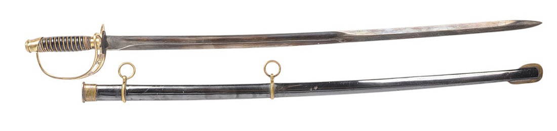 Replica Confederate M1860 Light Cavalry Sword (C2M): A Replica Confederate M1860 Light Cavalry Sword in good to very good condition. The handle and blade have minor wear with minimal cosmetic blemishing or denting to the scabbard. Measures 37" overall.