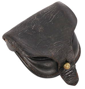 Civil War issue Leather Cap Pouch (C2M): A possible Confederate Civil War issue Leather Cap Pouch in good condition, complete with a copper vent pick. The leather maintains good structure with minor cracking from age.