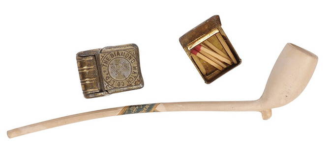 Complete American 19th Century Porcelain Tavern Pipe with Vintage 19th Century Match Boxes (C2M): A Complete American 19th Century Porcelain Tavern Pipe with Vintage 19th Century Match Boxes with Matches in good to very good condition. The pipe and match boxes have little to minor wear with vintag