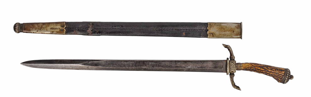 Rare Pre WWI era German Engraved Hunting Association Short Sword (B3A): A Rare Pre WWI era German Engraved Hunting Association Short Sword in good condition. Measures 22" overall.