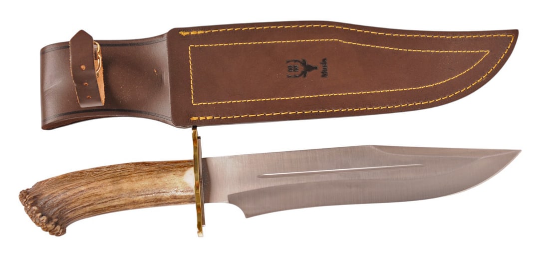 Custom Muela Magnum Crown Stag Antler Hunting Bowie(SGF): A Custom Muela Magnum Crown Stag Antler Hunting Bowie in very good condition. It measures 17" overall.