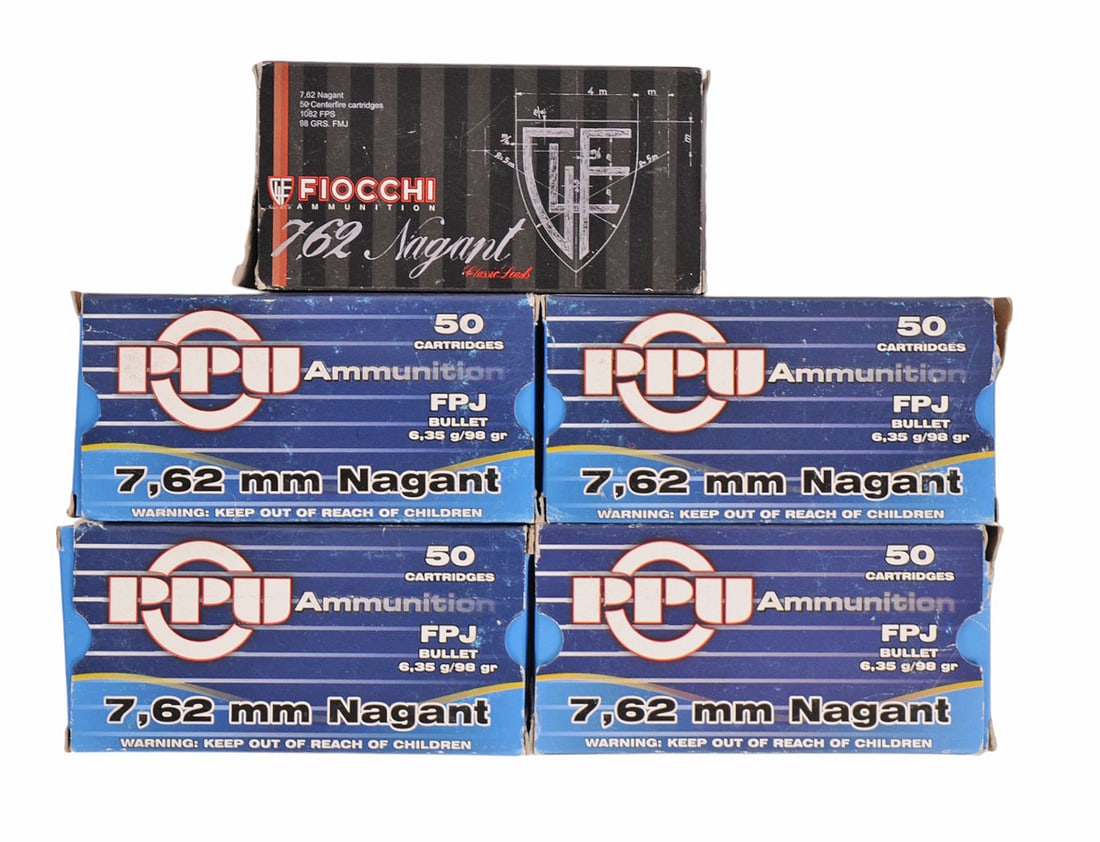 PPU and Fiocchi 7.62 Nagant Revolver Box Lot of 5 238 Rd. (Bra): A PPU and Fiocchi 7.62 Nagant Revolver Box Lot of 5 238 Rd. in good to very good condition.