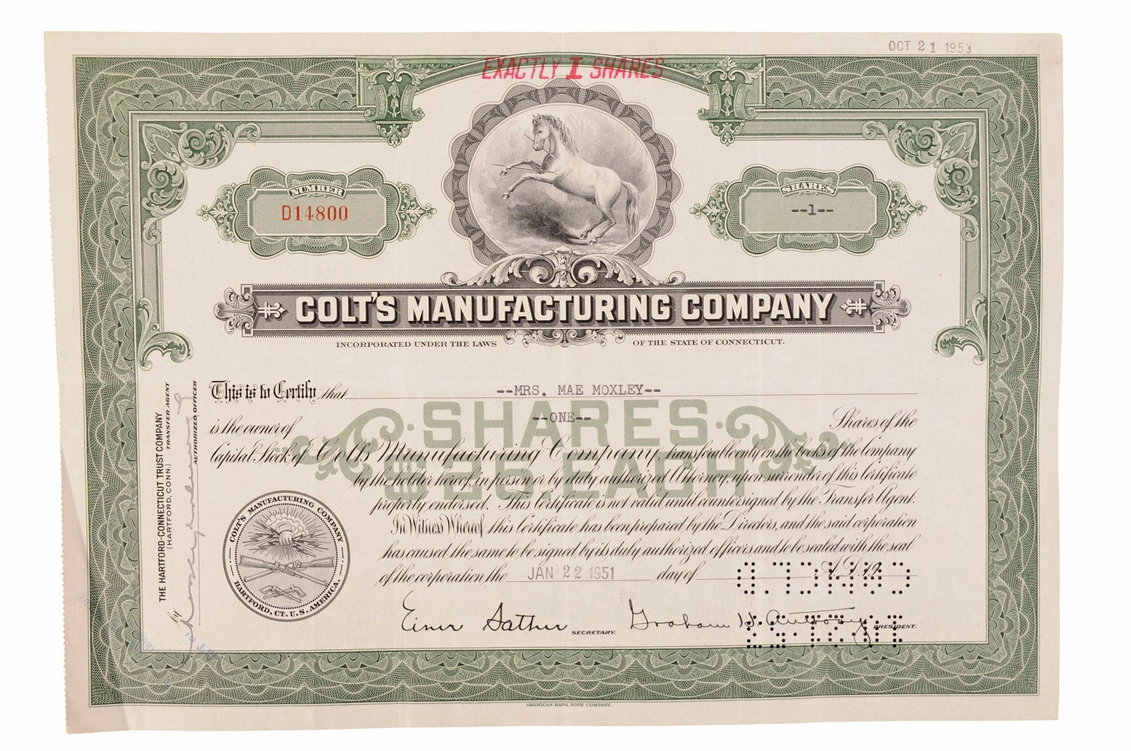 Original Colt Manufacturing Company Stock Bond Dated 1953  (M2A) (1 of 2)