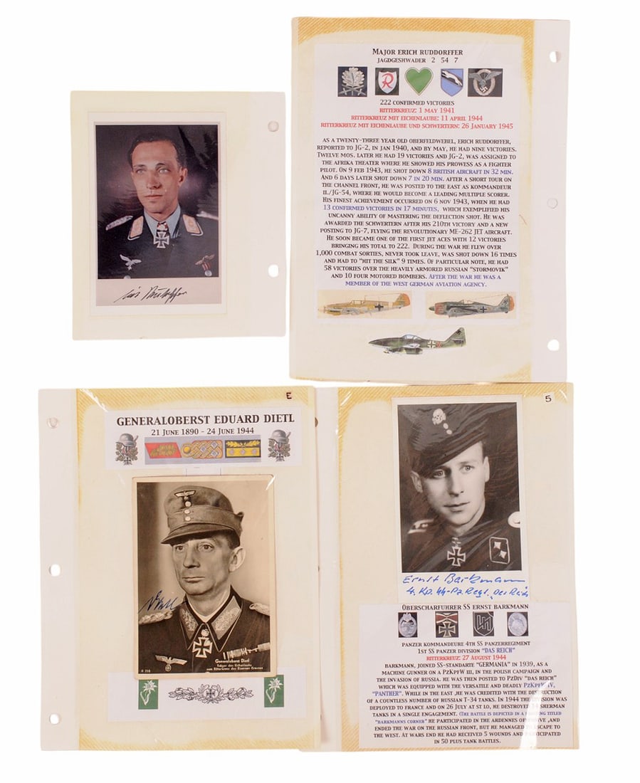 RARE *German WWII Knights Cross Recipient Autographed Photo Lot 3 (APL): A RARE *German WWII Knights Cross Recipient Autographed Photo Lot 3 in good to very good condition. 1.) Major Erich Ruddorffer was with the Luftwaffe Jagdgeshwader Squadrons 2, 54, and 7. He is attrib