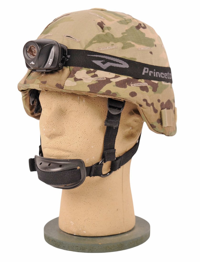 OM Tactical F6 PASGT Helmet with Multi-cam Cover and Princeton-Tec Head Lamp (C2M): An OM Tactical F6 PASGT Helmet with Multi-cam Cover and Princeton-Tec Head Lamp in good to very good condition.