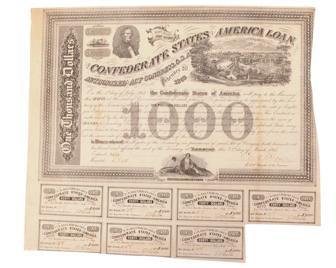 Originial Civil War Confederate 1000 Dollar War Bond (A): An Original Civil War Confederate 1000 Dollar War Bond in very good condition.