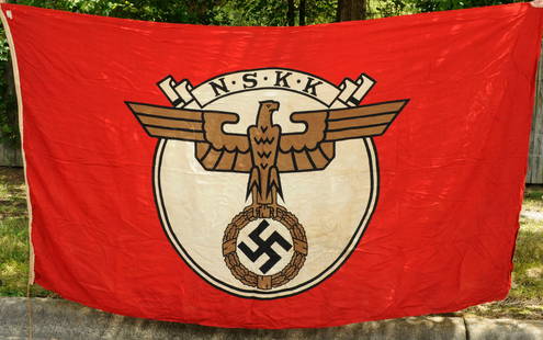 German Nazi WWII issued National Socialist Motor Corps NSKK Flag (CWA): A nice original German Nazi WWII issued National Socialist Motor Corps (NSKK) Flag/Banner in very good condition. This flag has some light staining and remnants of the RZM tag. Flag Measures 52"x 90"