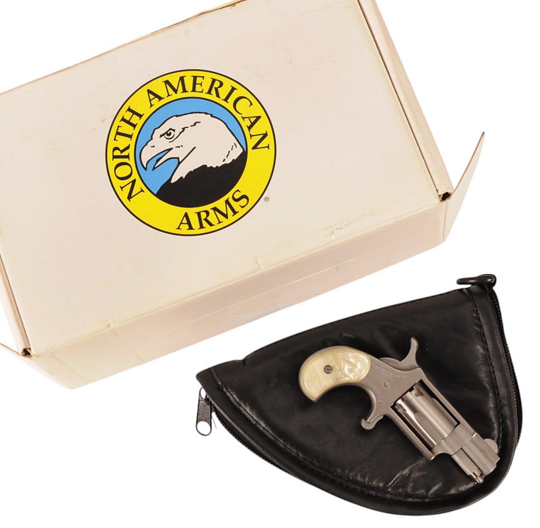 North American Arms NAA-22 .22 LR Single-Action Mini-Revolver - FFL # L065536 (E2N1): This compact stainless-steel compact North American Arms NAA-22 .22 LR Single-Action Revolver is in very good condition with a bright and defined bore. The action appears to function properly with min
