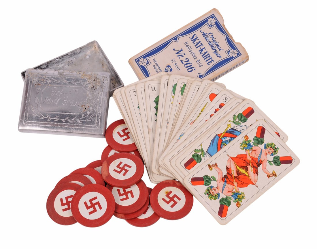 *German WWII era Military Man's Poker Chips, Cards & Cigarette Case (C3T): This *German WWII era Military Man's Swastika Poker Chips, colorful playing cards and engraved Cigarette Case are all in very good condition.