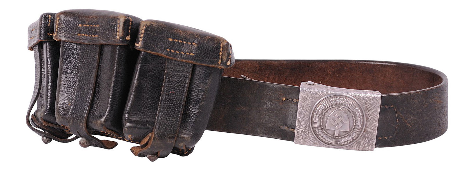 *German WWII RAD Belt, Buckle, and K98 Pouch Set (M3B): A *German WWII RAD Belt, Buckle, and K98 Pouch Set in good to very good condition with minor wear to the buckle and some cosmetic damage to the belt and pouches.