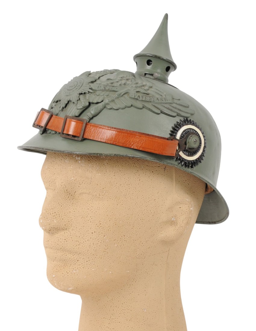 Imperial German Military WWI era Metal Erzalt Pickelhaube Helmet (AH): A rare Imperial German Military WWI era Erzalt Metal Pickelhaube Helmet in good condition with a good liner, it has been repainted and has a replacement chinstrap and cockades. It has the scarce Pruss