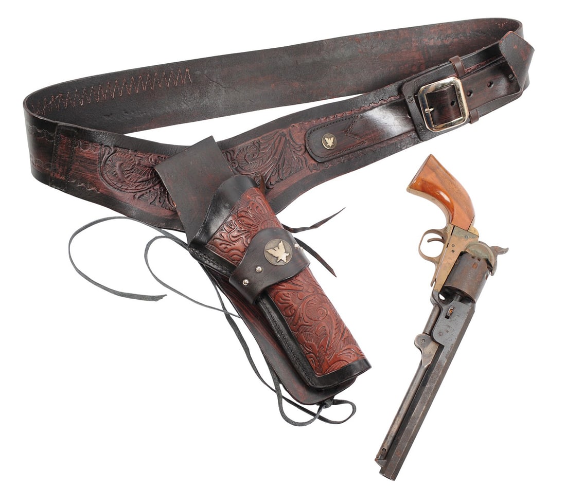Italian Dixie Gun Works Model 1851 Navy 38 Cal. Single Action Revolver & Custom Holster - No FFL(A1): An Italian Dixie Gun Works Model 1851 Navy 38 Cal. Single Action Black Powder Revolver in fair condition with a dark bore. The action appears to not function properly with heavy wear to the original b